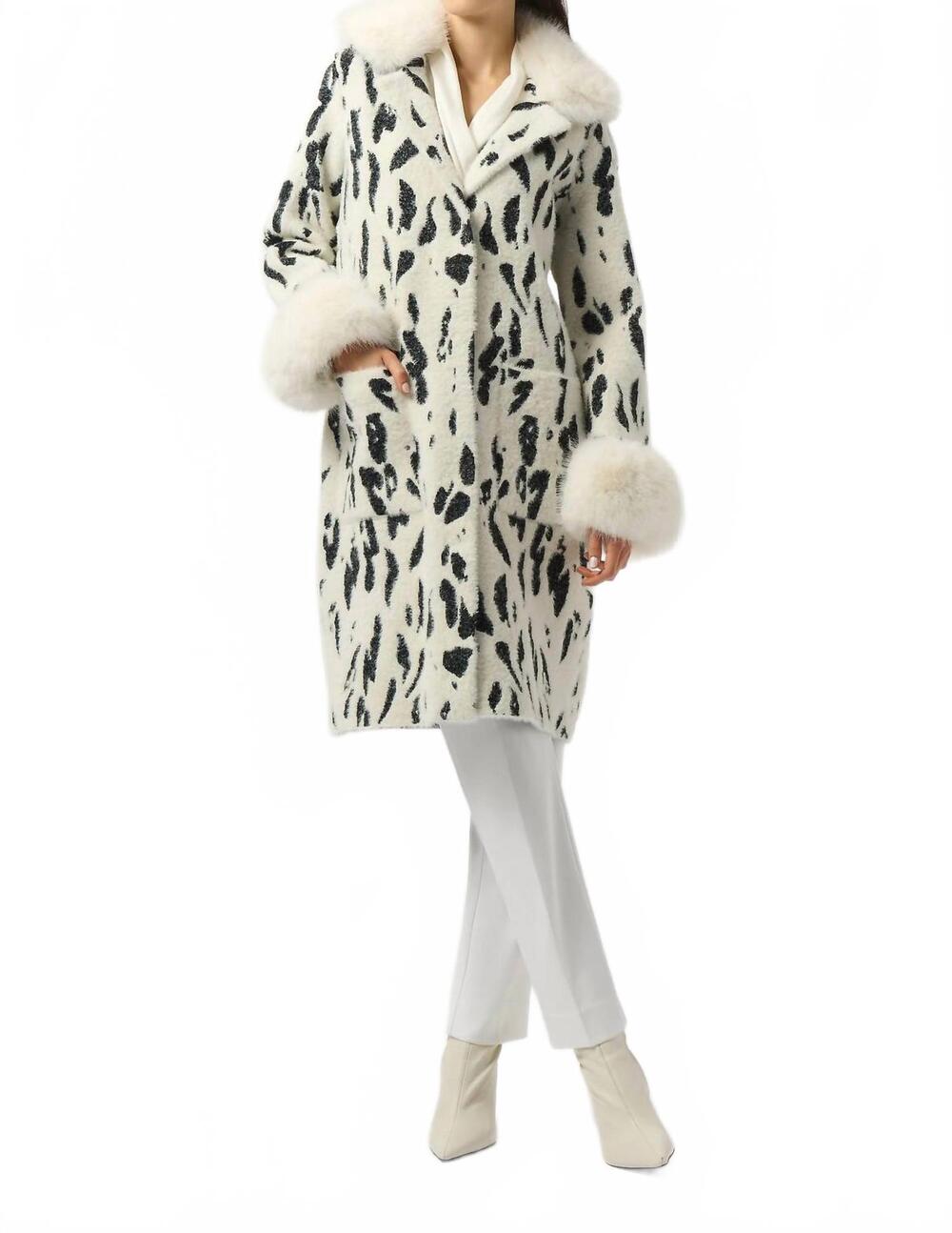 NEW JOSEPH RIBKOFF fae feather yarn animal jacquard coat with faux fur trim in b
